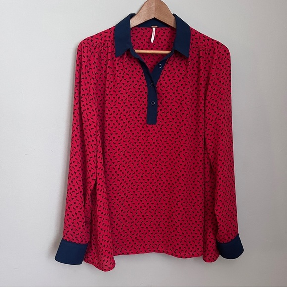 Free People Tops - FREE PEOPLE Shirt Top Button Collar Red Blue Horse Print Loose Sheer Size S EUC